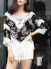 Casual V-Neck Fringe See-Through Crochet Printed Tunic