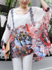 Casual See-Through Printed Round Neck Batwing Sleeve Tunic