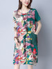 Casual Round Neck Decorative Button Printed Shift Dress With Patch Pocket