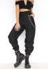 Black Plain Chain Zipper Pockets High Waisted Casual Long Pants