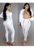 New White Cut Out High Waisted Cross Lace Up Long Pants