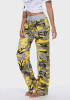 Yellow Camouflage Print Drawstring High Waisted Long Pants