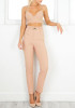Khaki Zipper Pockets Belt High Waisted Casual Long Pants
