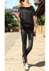 Dark Grey Patchwork Lace Elastic Waist Long Pants
