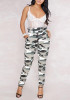 Army Green Camo Print Ruffle Pockets High Waisted Work Suit Casual Long Pants