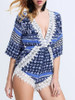 Casual Deep V-Neck Decorative Lace Printed Chiffon Romper