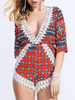 Casual Deep V-Neck Decorative Lace Printed Chiffon Romper