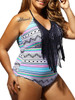 Casual Backless Halter Fringe Plus Size One Piece In Striped Printed