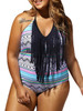 Casual Backless Halter Fringe Plus Size One Piece In Striped Printed