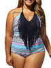 Casual Backless Halter Fringe Plus Size One Piece In Striped Printed