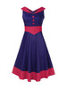 Casual V-Neck Decorative Button Awesome Color Block Plus Size Flared Dress