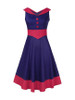 Casual V-Neck Decorative Button Awesome Color Block Plus Size Flared Dress