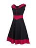 Casual V-Neck Decorative Button Awesome Color Block Plus Size Flared Dress