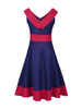 Casual V-Neck Decorative Button Awesome Color Block Plus Size Flared Dress