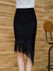 Casual Asymmetric Hem Fringe Plain Pencil Midi Skirt