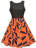 Casual Round Neck Bowknot Leaf Printed Sleeveless Skater Dress