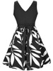Casual Round Neck Bowknot Leaf Printed Sleeveless Skater Dress