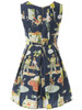 Casual Round Neck Cartoon Graffiti Skater Dress