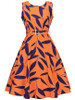 Casual Round Neck Belt Skater Dress In Leaf Printed