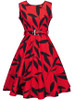 Casual Round Neck Belt Skater Dress In Leaf Printed