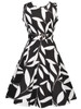 Casual Round Neck Belt Skater Dress In Leaf Printed