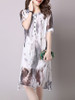 Casual High-Low Round Neck Side Slit Hollow Out Printed Chiffon Shift Dress