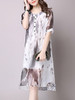 Casual High-Low Round Neck Side Slit Hollow Out Printed Chiffon Shift Dress