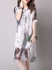 Casual High-Low Round Neck Side Slit Hollow Out Printed Chiffon Shift Dress