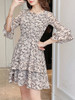 Casual Bell Sleeve Round Neck Tiny Floral Printed Chiffon Skater Dress