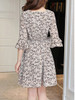 Casual Bell Sleeve Round Neck Tiny Floral Printed Chiffon Skater Dress