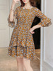 Casual Bell Sleeve Round Neck Tiny Floral Printed Chiffon Skater Dress