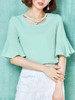 Casual Round Neck Cutout Plain Bell Sleeve Blouse