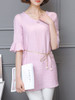 Casual Round Neck Plain Bell Sleeve Longline Blouse