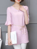 Casual Round Neck Plain Bell Sleeve Longline Blouse