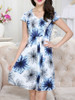 Casual V-Neck Flower Printed Skater Dress With Short Sleeve