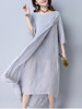Casual Double Layer Round Neck Asymmetric Hem Plain Maxi Dress