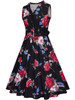 Casual Shawl Collar Belt Retro Style Floral Printed Skater Dress