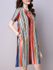 Casual Decorative Button Vertical Striped Cotton/Linen Shift Dress