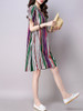 Casual Decorative Button Vertical Striped Cotton/Linen Shift Dress