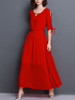 Casual Round Neck Keyhole Plain Chiffon Maxi Dress With Tie Sleeve