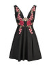 Casual Deep V-Neck Decorative Floral Embroidery Patch Skater Dress