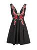 Casual Deep V-Neck Decorative Floral Embroidery Patch Skater Dress