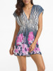 Casual Batwing V Neck Dacron Floral Printed Shift Dress