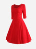 Casual Sweet Heart Cuffed Sleeve Pleated Bodice Plain Skater Dress