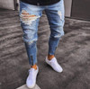 Men Stretchy Ripped Skinny Jeans Biker Embroidery Print High Quality Jeans Destroyed Hole Taped Slim Fit Denim Scratched