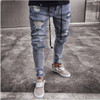 Men Stretchy Ripped Skinny Jeans Biker Embroidery Print High Quality Jeans Destroyed Hole Taped Slim Fit Denim Scratched