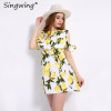 Singwing Fashion Women Off shoulder Lemon Print Dress Above Knee Mini O-neck Dress Summer Women's Dresses