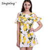 Singwing Fashion Women Off shoulder Lemon Print Dress Above Knee Mini O-neck Dress Summer Women's Dresses