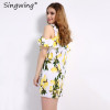Singwing Fashion Women Off shoulder Lemon Print Dress Above Knee Mini O-neck Dress Summer Women's Dresses