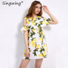 Singwing Fashion Women Off shoulder Lemon Print Dress Above Knee Mini O-neck Dress Summer Women's Dresses